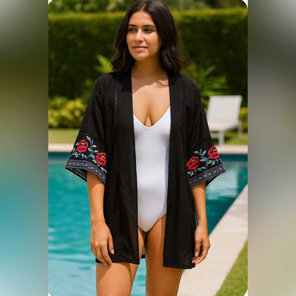 Cacique Swim Cover Up XL 14/16 Black Embroidered Wide Sleeve Boho Kimono NWOT